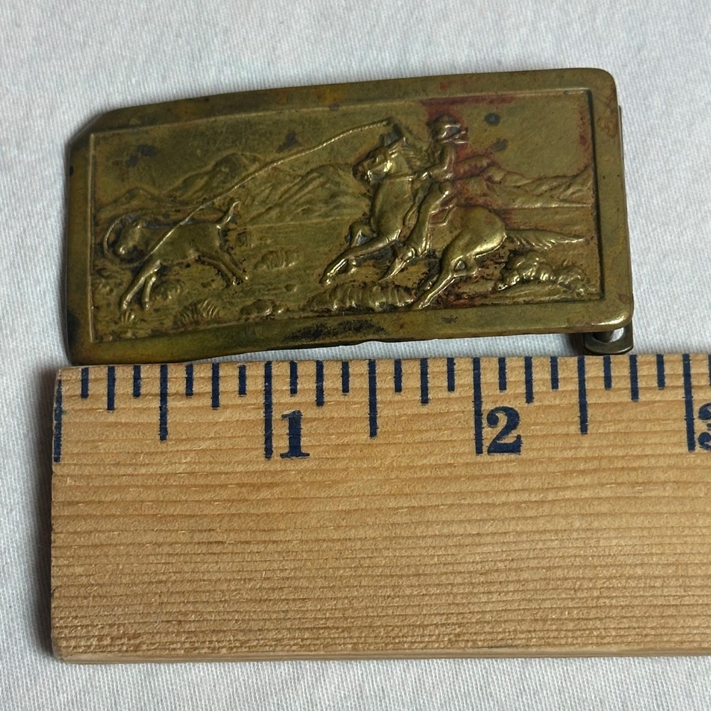 Vtg Brass Western Cowboy Horseback Roping Calf Belt Buckle Rectangular Patina - Picture 4 of 5